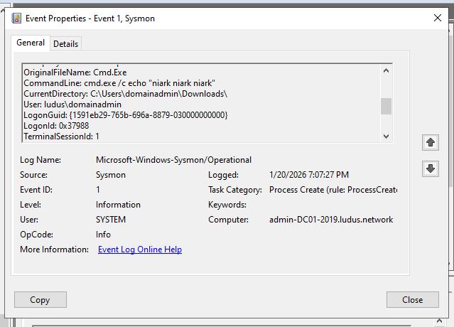 Sysmon : création de cmd.exe avec la commande de l’attaquant