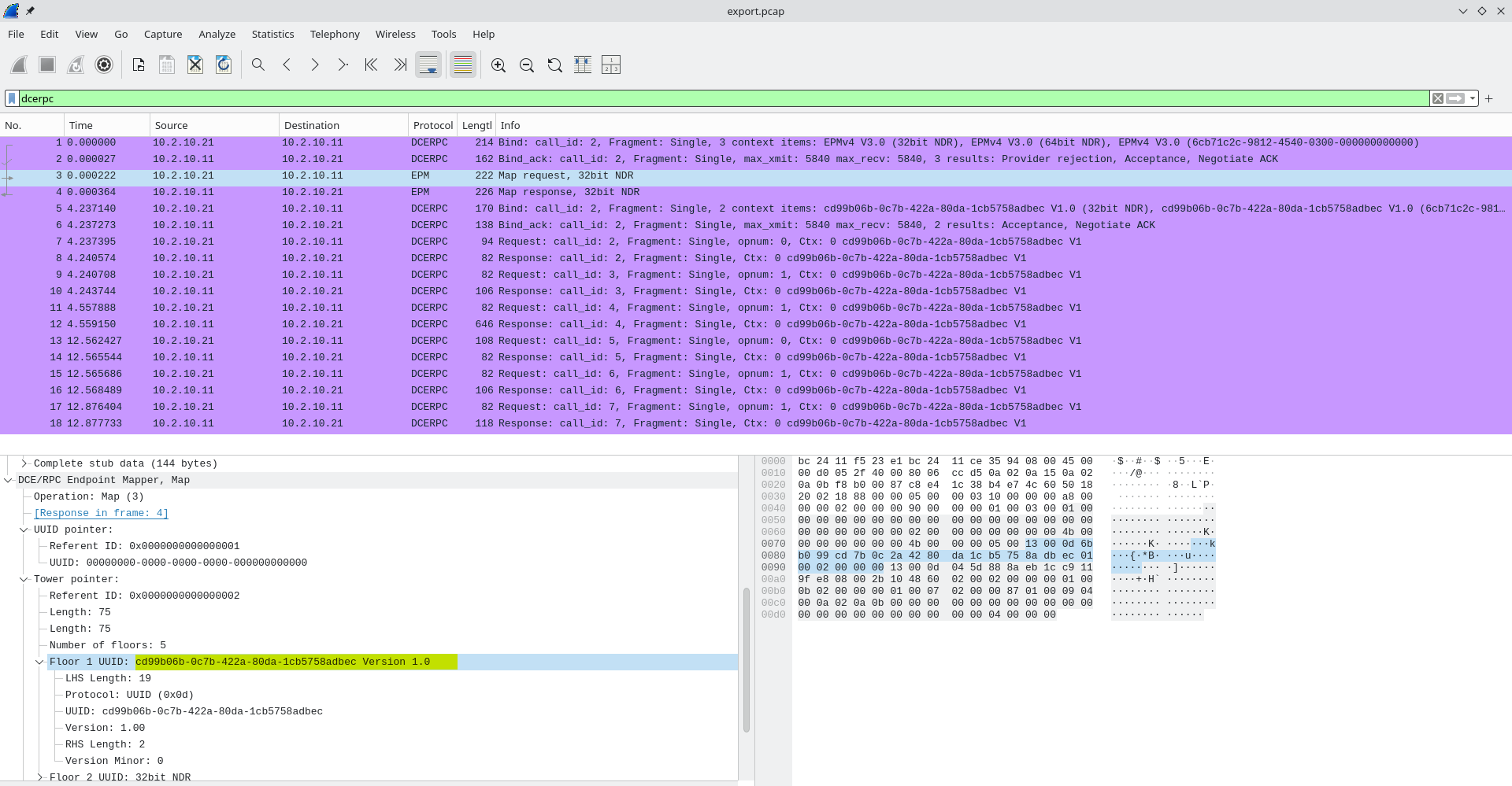 Wireshark : requête EPM map mettant en évidence l’UUID